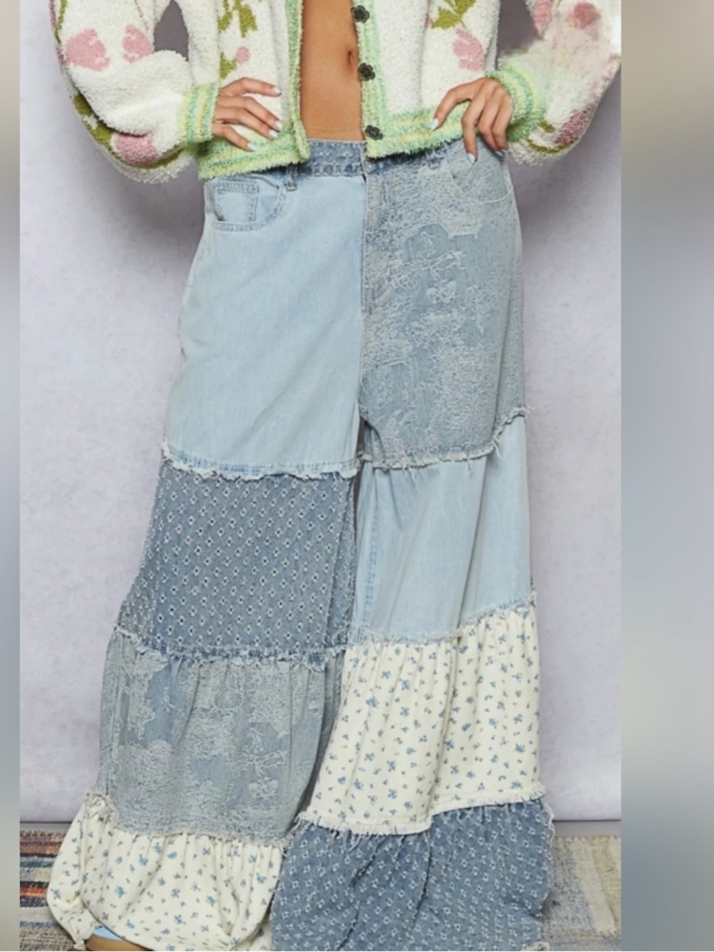 New: POL “Love Is Blue” Boho Mixed Patchwork Wide Leg Pants• Large